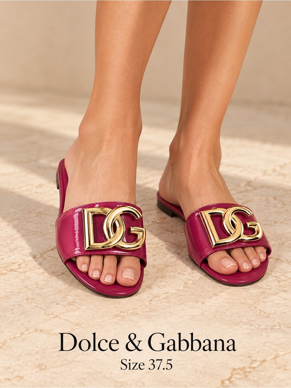 Dolce & Gabbana Magenta Patent Slide Sandals with Gold DG Logo